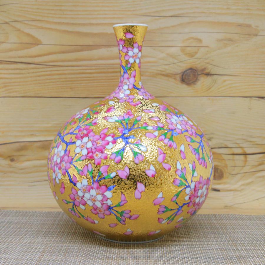 花瓶 金龍窯 有田焼 古伊万里 伝統工芸士 江口天童作 金彩桜花鳥図鶴首