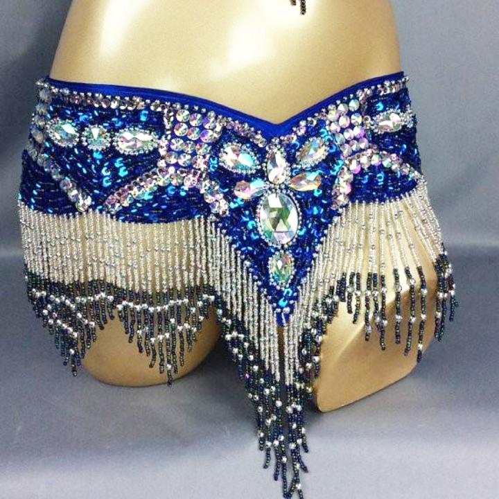 しずく形 ビーズ ベリーダンス 衣装 ブラ ベルト セット 青 : Costume