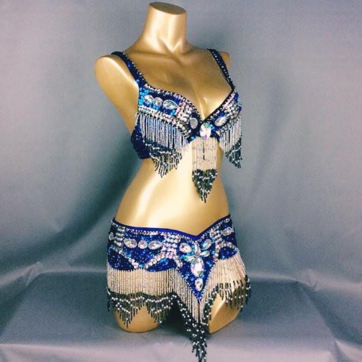 しずく形 ビーズ ベリーダンス 衣装 ブラ ベルト セット 青 : Costume