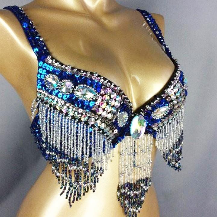 しずく形 ビーズ ベリーダンス 衣装 ブラ ベルト セット 青 : Costume