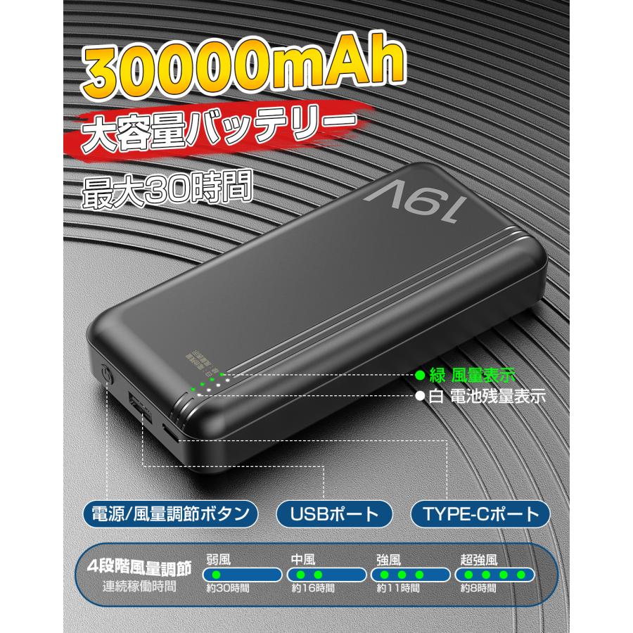 空調作業服 長袖 30000mAhバッテリー付き ファン付き 4段階風速調節 大
