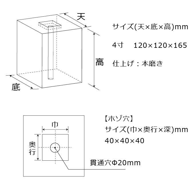 束石 沓石 白御影石 603柱石 垂直型（四角形）4寸 1個 120×120×165mm