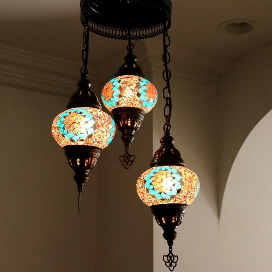 モザイクランプ トルコランプ シャンデリア 3灯 ピンク&ブルー
