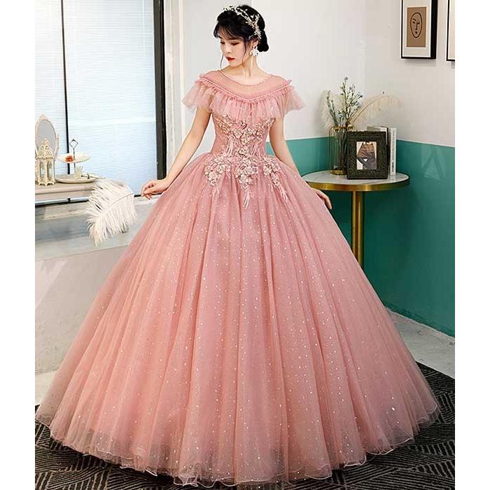 カラードレス ピンク 花柄 刺繍 ロング丈 パーティードレス ピアノ