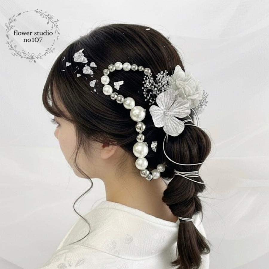 成人式 髪飾り シルバーパールミックス ランダムボールチェーン 水引き