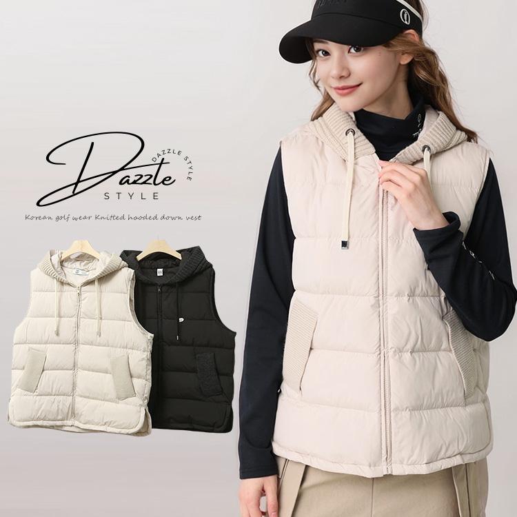 ゴルフウェア ベスト ダウンベスト レディース 韓国 フード付き ニット