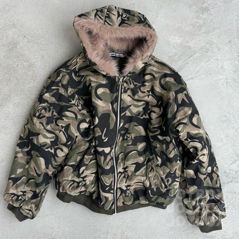 カモフラ 迷彩柄 ファー パーカー ジップアップ 韓国 ストリート系 Y2K