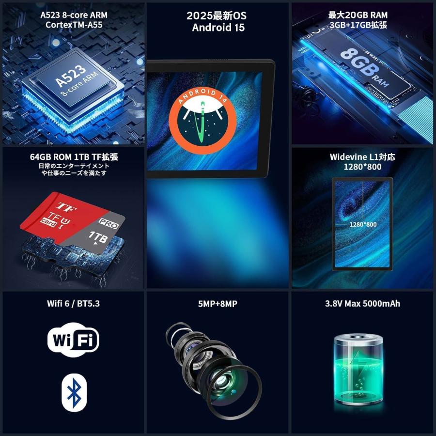 タブレット 10インチ Android 15 Wi-Fiモデル20GB+64GB+1TB拡張