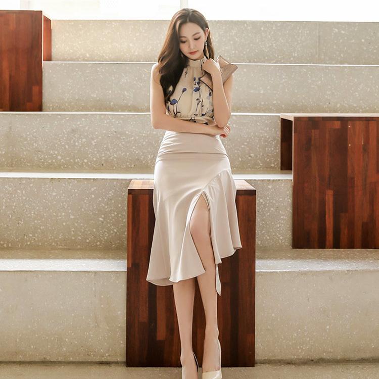 セットアップ 花柄トップスとスカート上下セット アシンメトリー