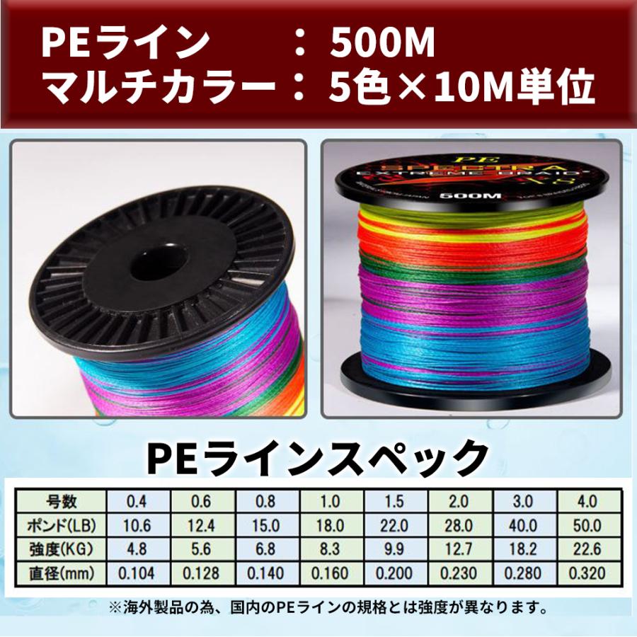 PEライン 500m 4本編み 釣り糸 大容量 5色マルチカラー 0.4号〜10号