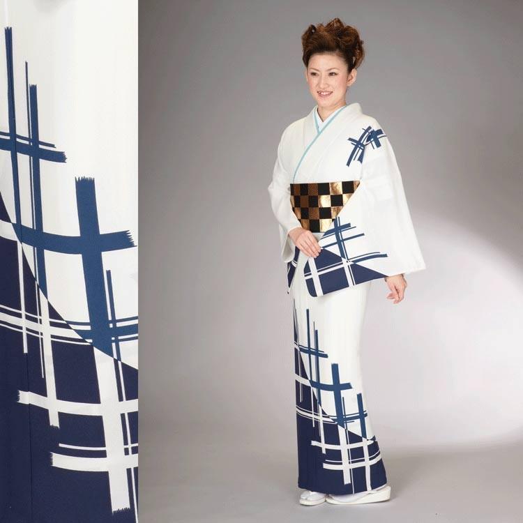 踊り 着物 付下げ 洗える 附下 白地 紺 破れ格子柄 絵羽 胴抜き 仕立