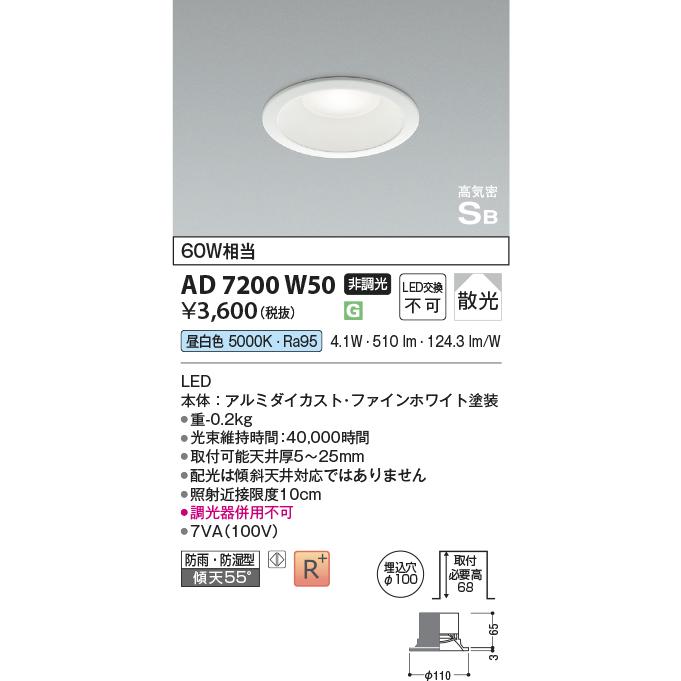 KOIZUMI（コイズミ） AD7200W50 ダウンライト 屋内屋外兼用 浴室灯 LED