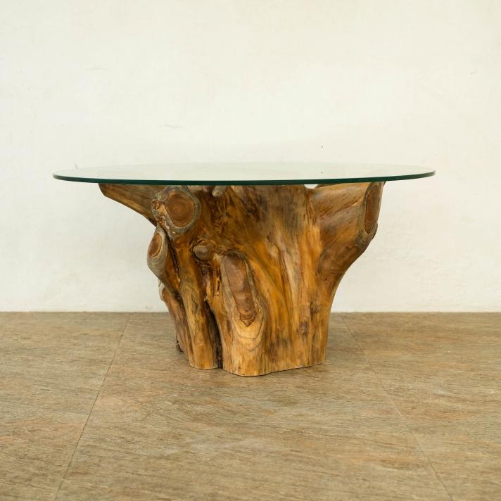 チーク無垢材 原木ローテーブル 切り株テーブル 無垢 木の根 ガラス天