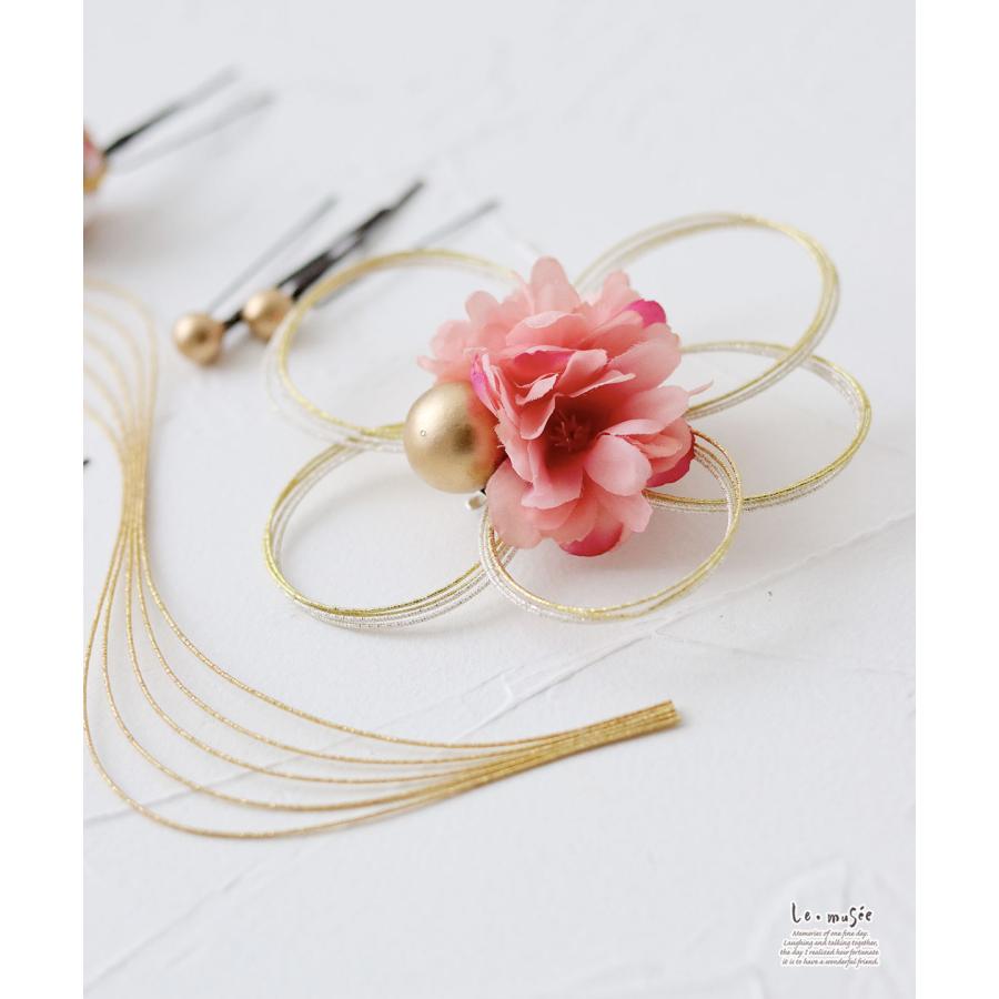 七五三 髪飾り 水引きフラワーと桃色ボール| 753 花 ヘッドドレス 3歳