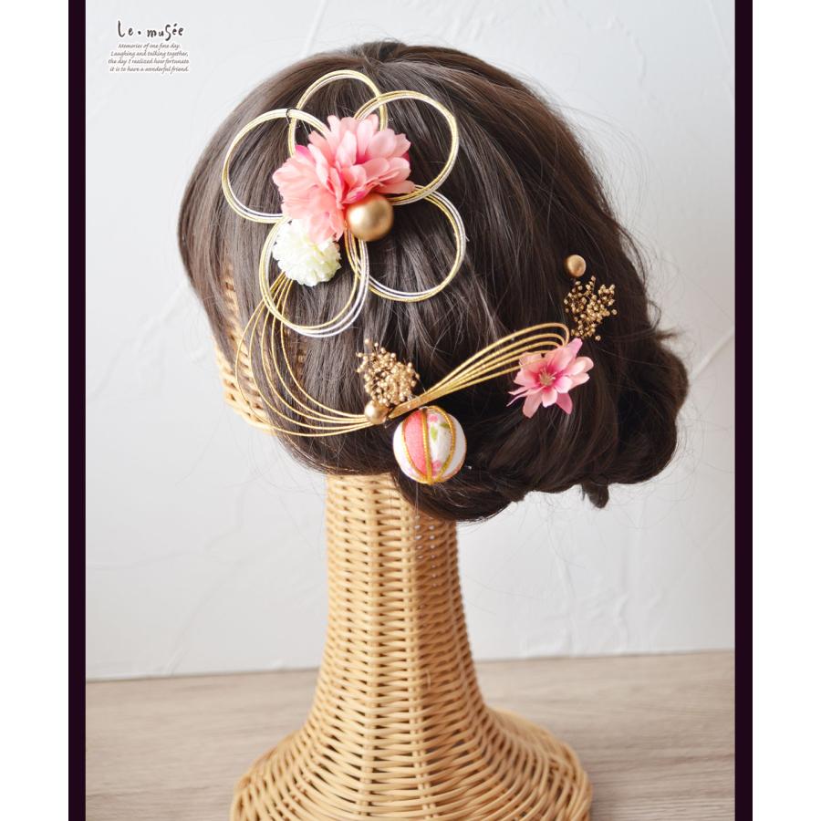 七五三 髪飾り 水引きフラワーと桃色ボール| 753 花 ヘッドドレス 3歳