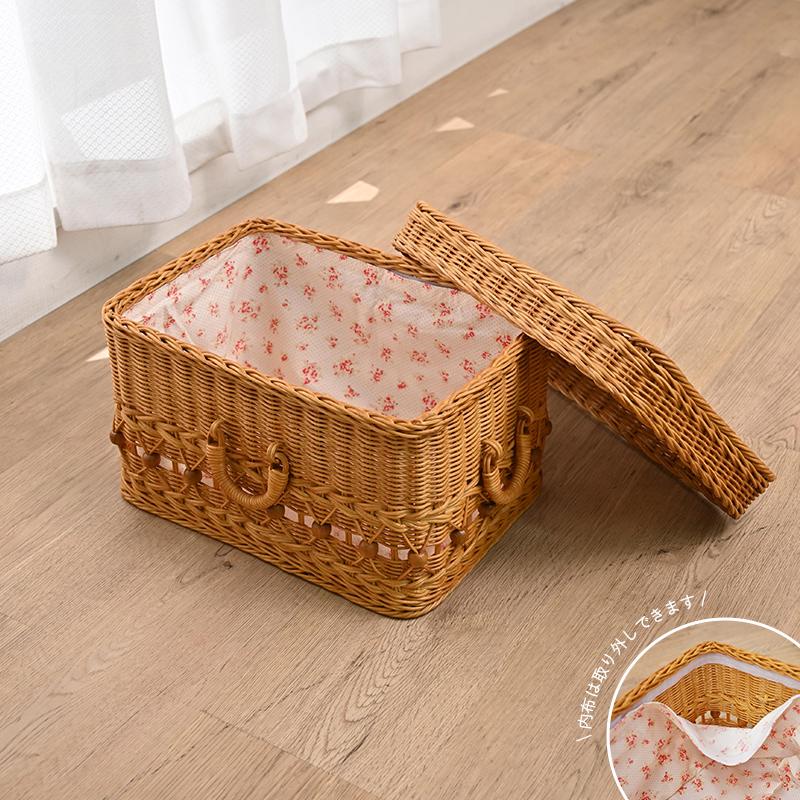 ラタンバスケット 蓋付き 籐かご かわいい 収納 内布付 母の日 父の日