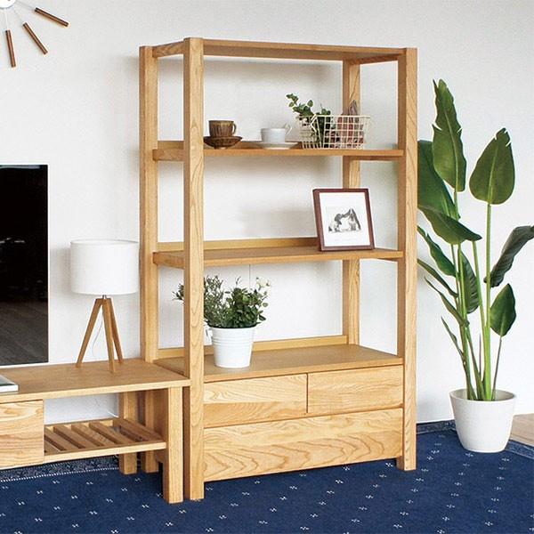 オープンラック 3段 引出し付 リビングシェルフ 北欧風 天然木 MOND 幅