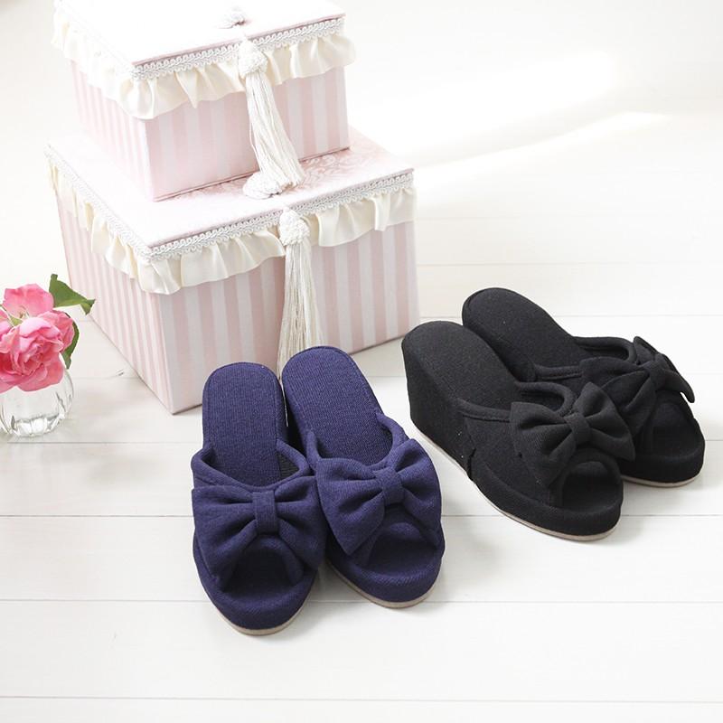 8cm ハイヒール リボン スリッパ 裏底静音仕様 学校行事用 ブラック