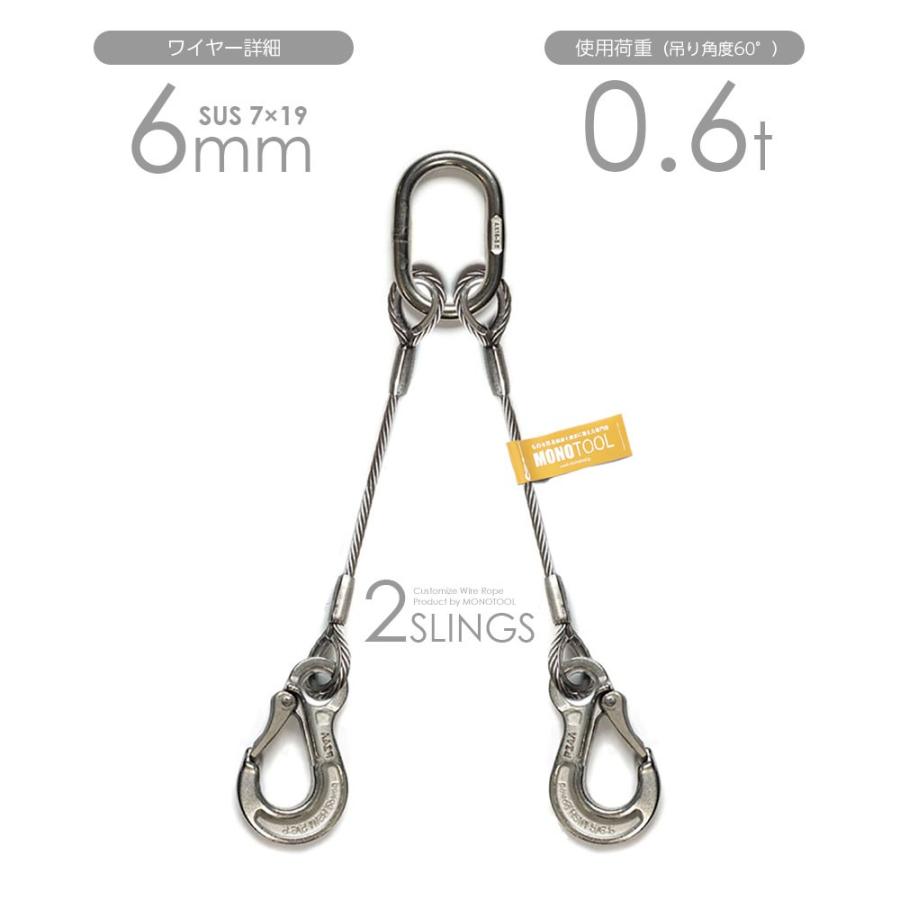 2本吊りALLステンレスワイヤー 6mm(7x19 SUS) リング・フック付き