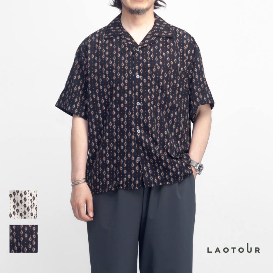 セール価格】LAOTOUR 小紋柄 オープンカラー半袖シャツ 総柄 開襟
