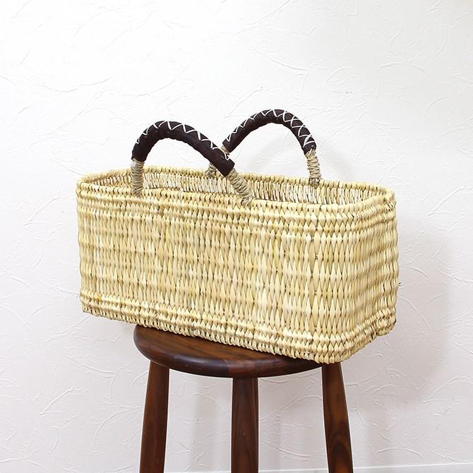 松野屋 かご ストロー 革手横長 カゴ Mサイズ/モロッコ バスケット