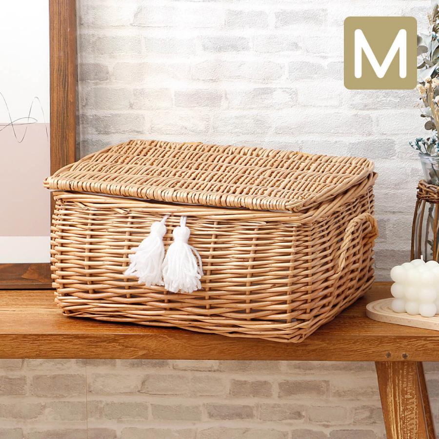 タッセル付きぽってりフタ付きバスケットM /おもちゃ箱 収納バスケット
