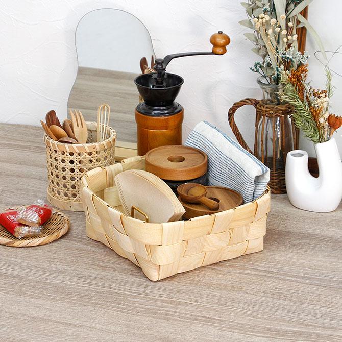 かご バスケット 収納 北欧風 正方形 Lサイズ ウッドチップトレイ 北欧