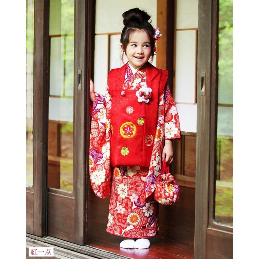 七五三 3歳 女児 被布 着物 セット 正絹 ヒッタ花遊び 朱色 紫 被布