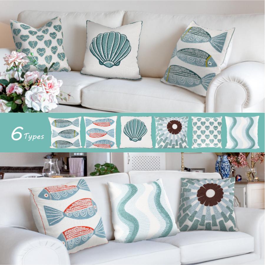 北欧風デザイン刺繍入り クッションカバー 45×45cm 魚 幾何学模様