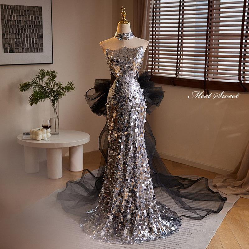 カラードレス マーメイドライン シルバー ベアトップ スパンコール