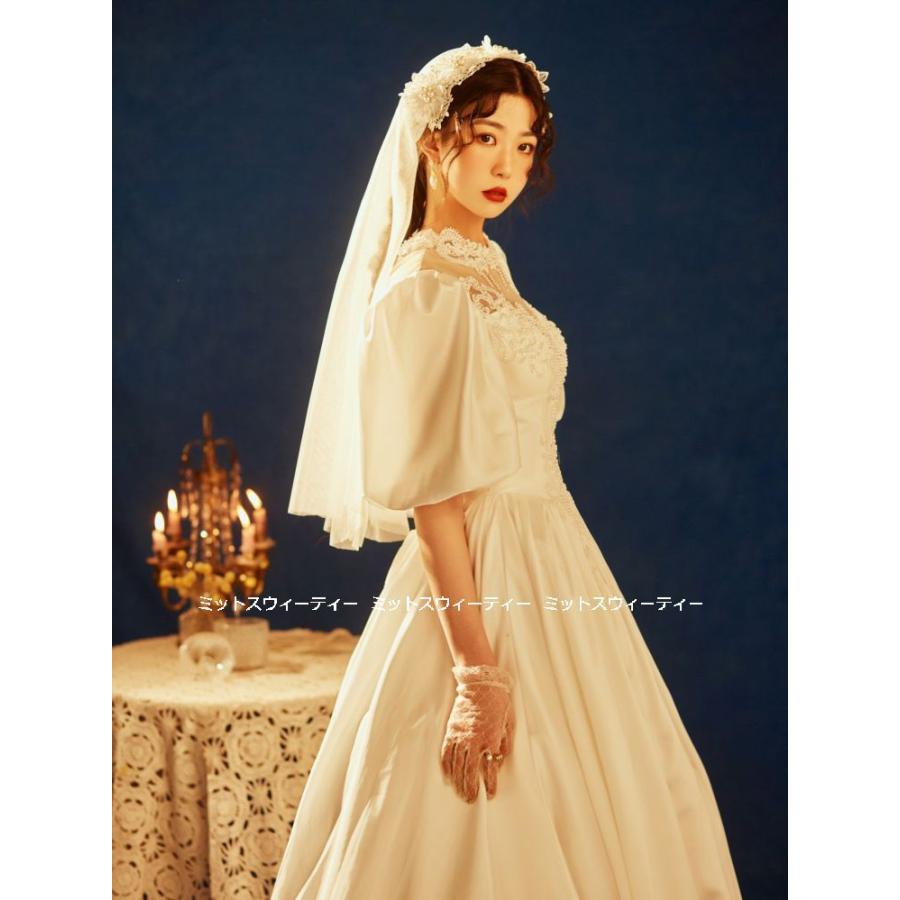 ウエディングドレス レトロドレス 花嫁 レース サテン 白 昭和風 前