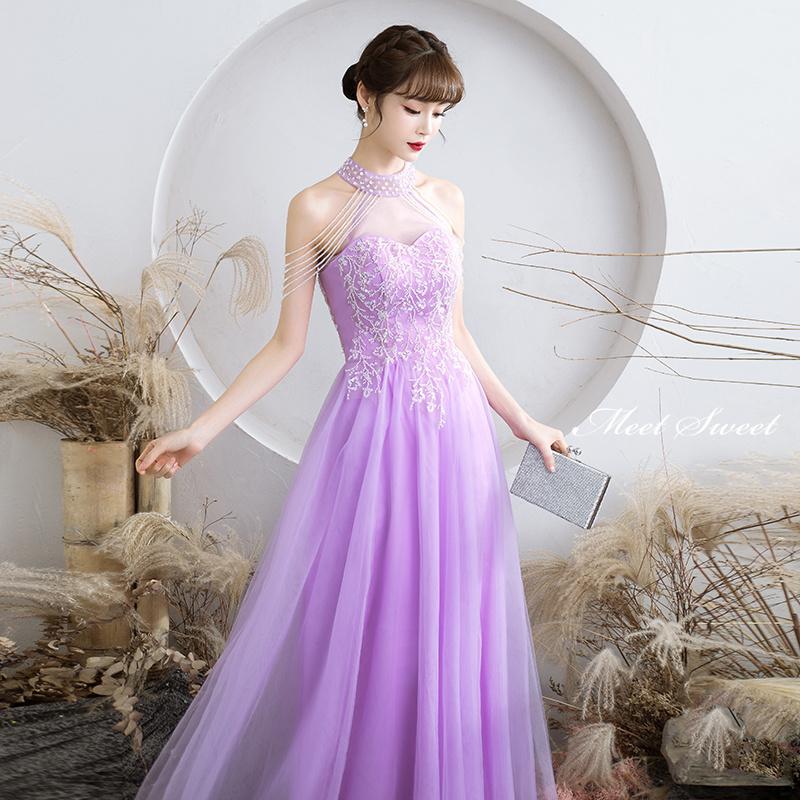 カラードレス パープル ホルターネック ビーズ 紫 ロングドレス