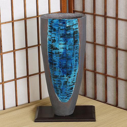 信楽焼 花器 灰釉 青ガラス 立花 陶器 花瓶 生け花 和風 華道 池坊
