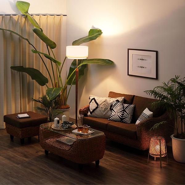 ローテーブル 約幅100cm ブラウン 木製 脚付き アジアン調 強化ガラス