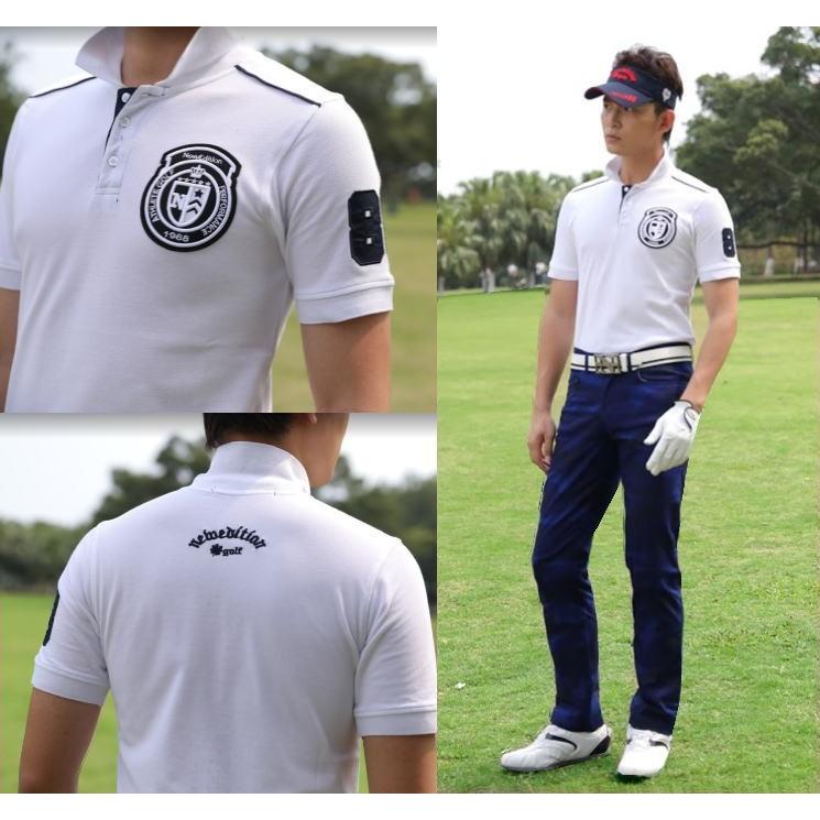ゴルフウェア メンズ 鹿の子ポロ ゴルフシャツ ワッペン ポロシャツ