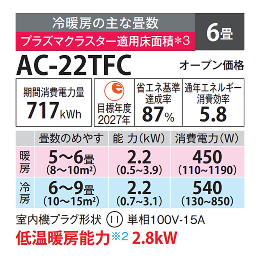 シャープ SHARP エアコン 6畳程度 AC-22TFC AC22TFC プラズマ