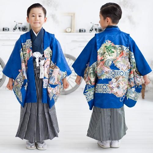 七五三着物レンタル 七五三 5歳 男の子用 羽織袴13点セット「青地に龍