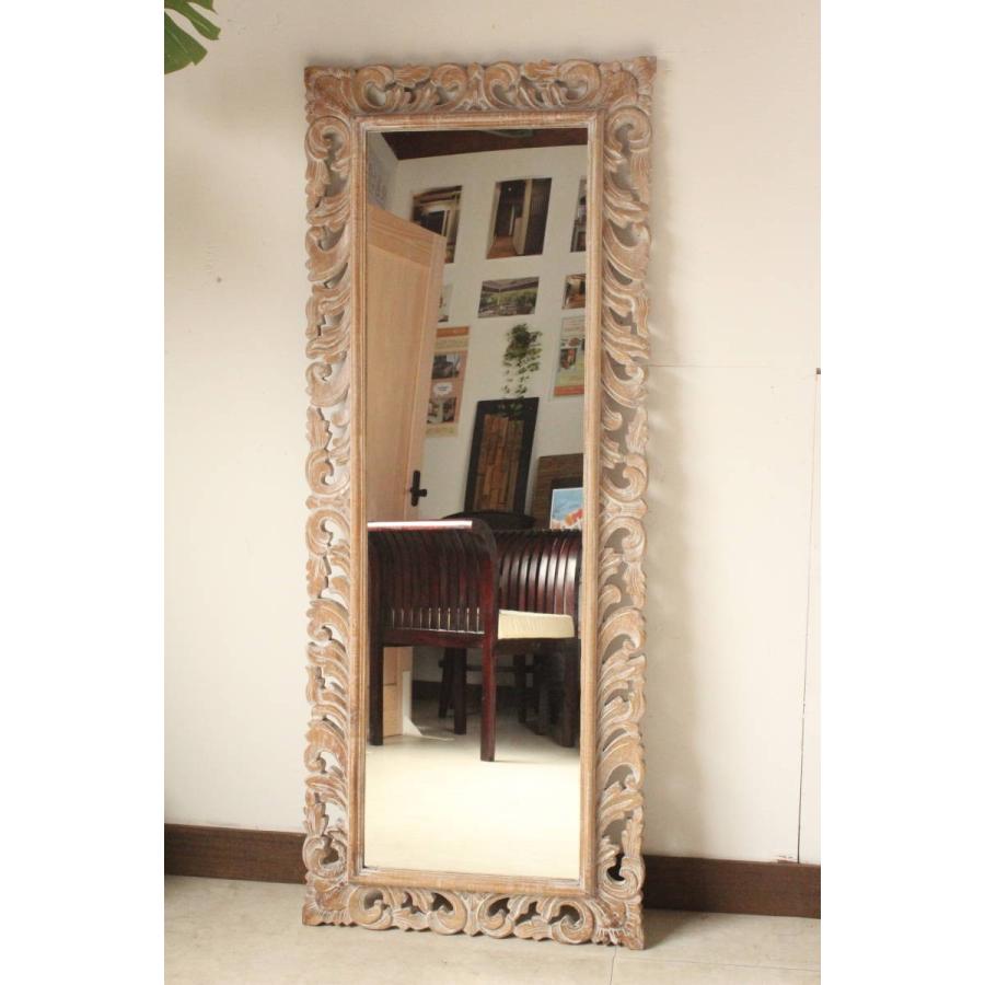 ウッドフレームミラー 鏡 姿見 壁掛け ウォールミラー 木製 彫刻