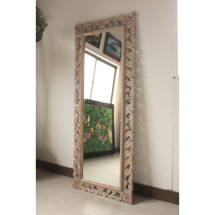 ウッドフレームミラー 鏡 姿見 壁掛け ウォールミラー 木製 彫刻