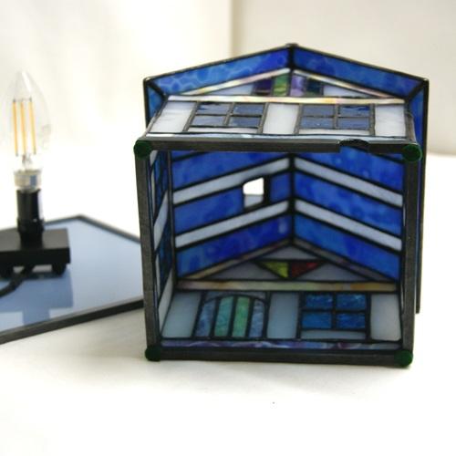 ステンドグラス ミニハウスランプ（B）水色の屋根 : ステンドグラス
