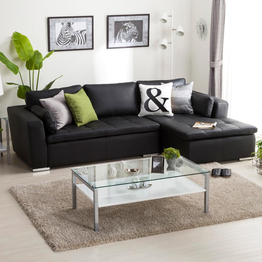 ニトリ（NITORI） ソファー カウチソファ (ダブルライン3LC 革BK) 3人