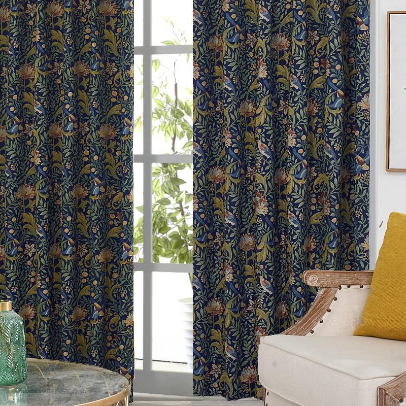 カーテン 遮光 アンティーク柄ジャガード 小鳥の森 オーダーカーテン