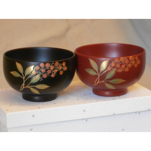 ペア椀 和食器 夫婦椀 木製 会津漆器 3.8 南天 布袋型 黒 朱 漆塗り