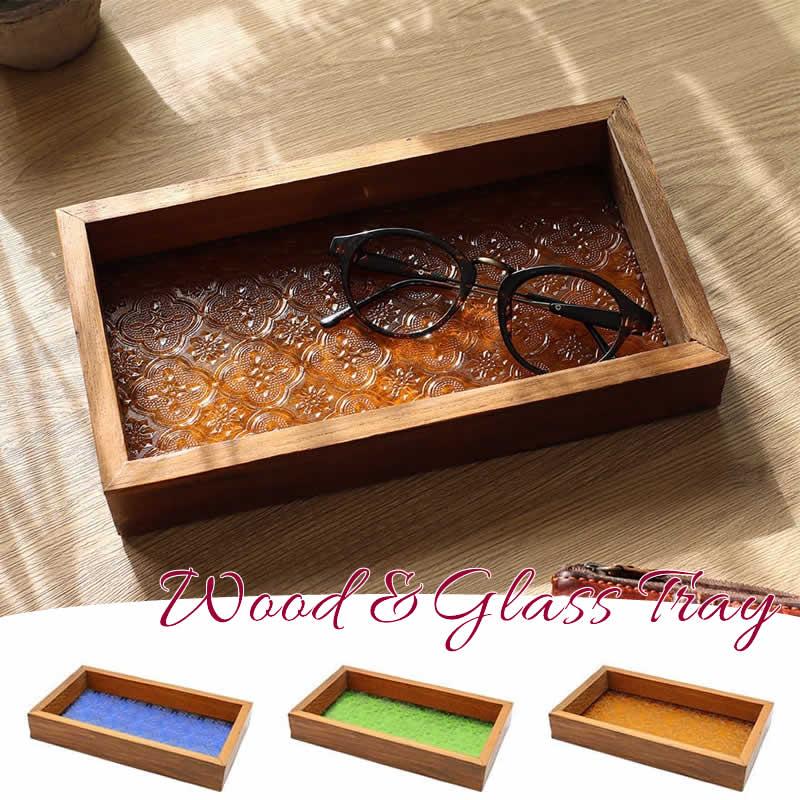 ウッド&エンボスガラス トレイ トレー 小物入れ 木製 木 ボックス 卓上