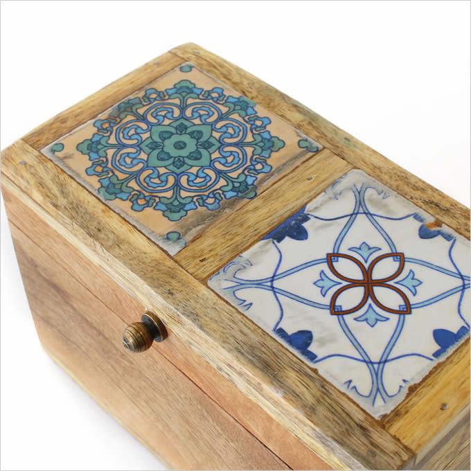 ボヘミアンタイル木製ボックス 小物入れ アジアン雑貨 木製 宝箱