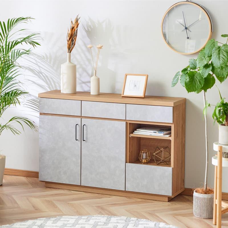 サイドボード キャビネット 120cm 完成品 日本製 スリム 奥行30 石目柄