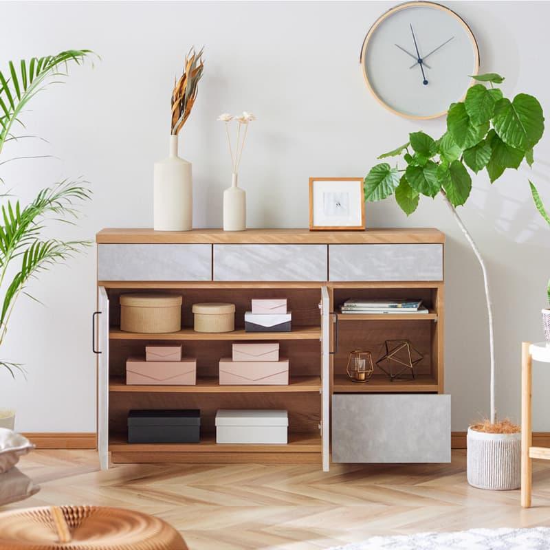 サイドボード キャビネット 120cm 完成品 日本製 スリム 奥行30 石目柄