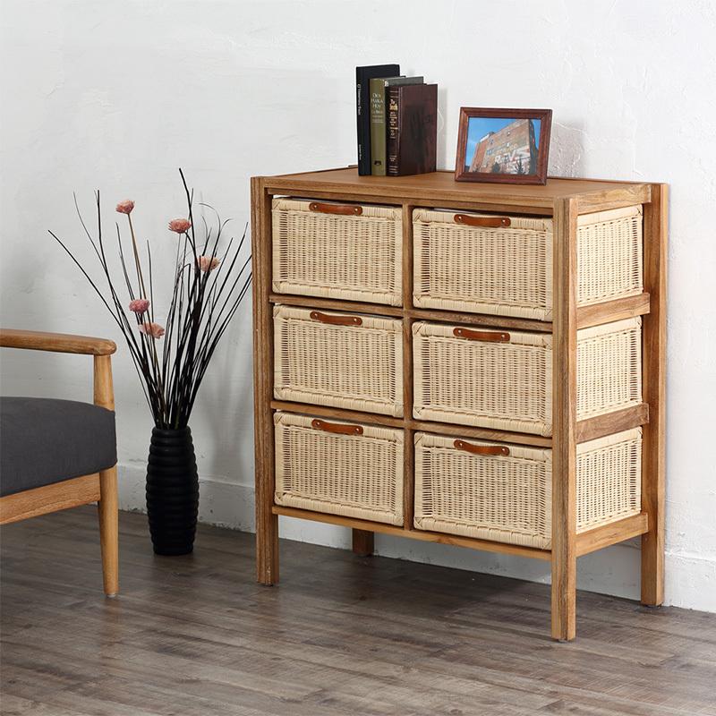 ラタンランドリー タンス チェスト3段 収納 籐 天然木 チーク材 無垢