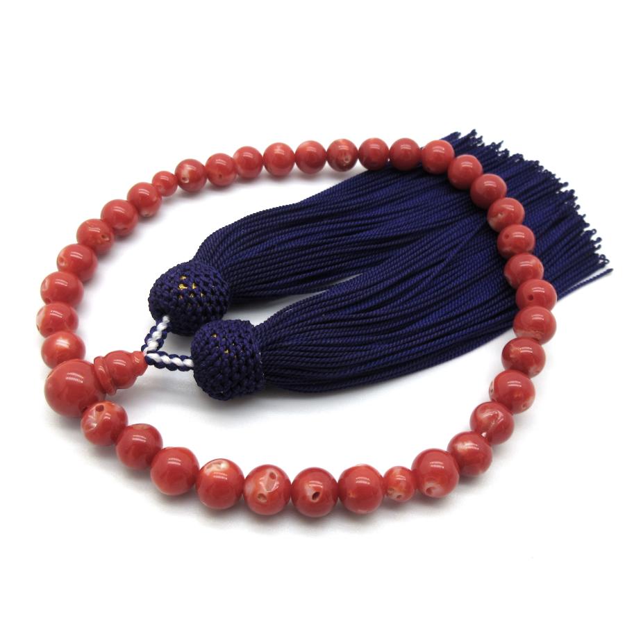 特価品 血赤珊瑚 念珠 数珠 片手 略式 7.4mm玉 正絹 男女共用 譲り念珠