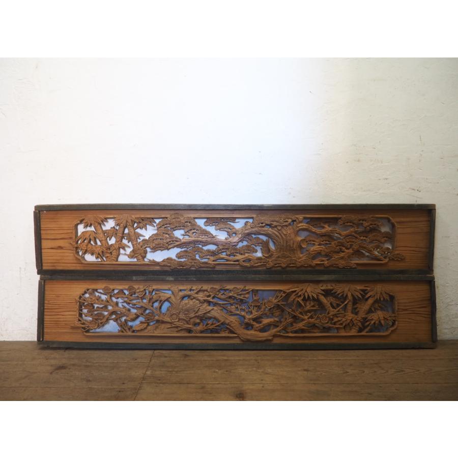 タI0859◇(4)【H33cm×W184cm】×2枚◇分厚い木彫り細工の古い木製欄間